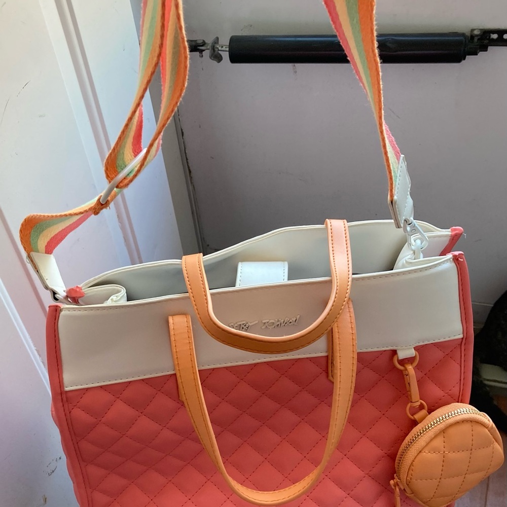 Betsey Johnson Coral and White Quilted Crossbody Bag